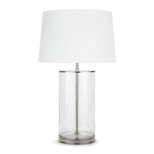 Polished nickel, glass, and linen shade coastal lamp